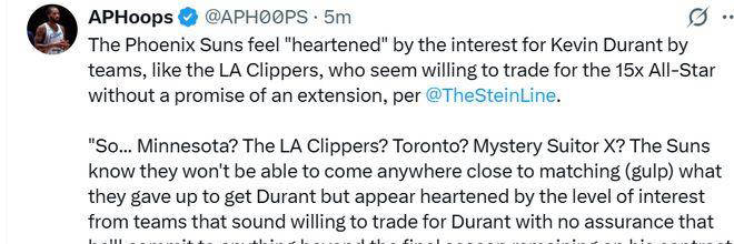 多伦多猛龙和洛杉矶快船秘密觊觎凯文-杜兰特，太阳备感兴奋